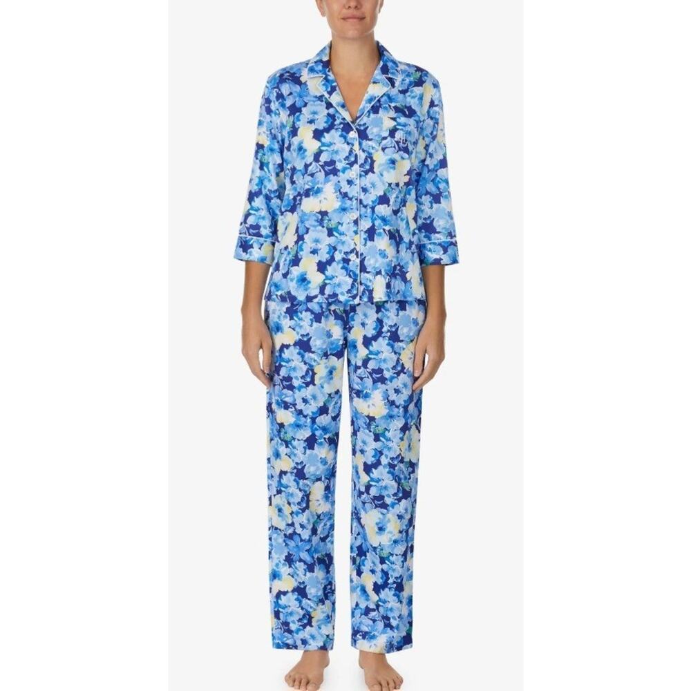 Ralph Lauren Womens Lg 3/4 Sleeve 2 Piece PJ Set Blue/Yellow Chinoiserie Floral